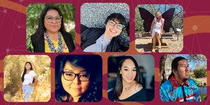 Illustrated graphic with individual portraits of seven people