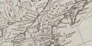 New England magnified to show differing territories of Pennsylvania (spelled Pensilvania), New York, New Hampshire, and Maine