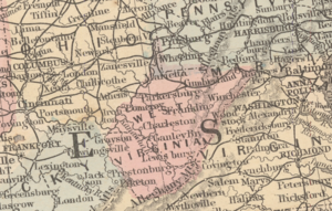 A portion of the map centered on West Virginia Showing portions of Pennsylvania, Ohio, Maryland, Virginia, Indiana, and Kentucky. 